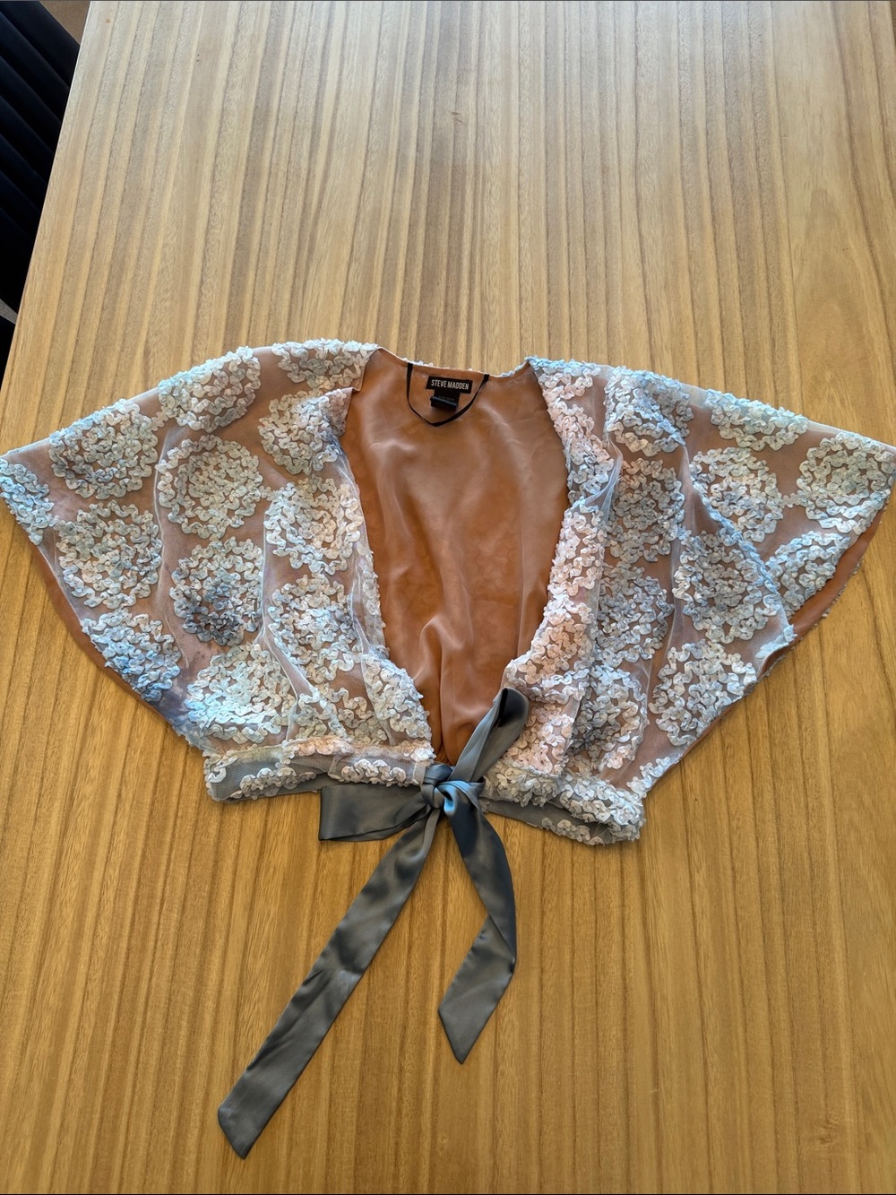 Steve Madden Blue Lace Floral Tie-Front Shrug with Cream Appliqué